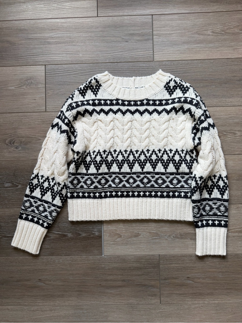 American Eagle Outfitters Cream & Black Fair Isle Cable Knit Sweater